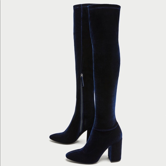 navy blue leather knee high boots